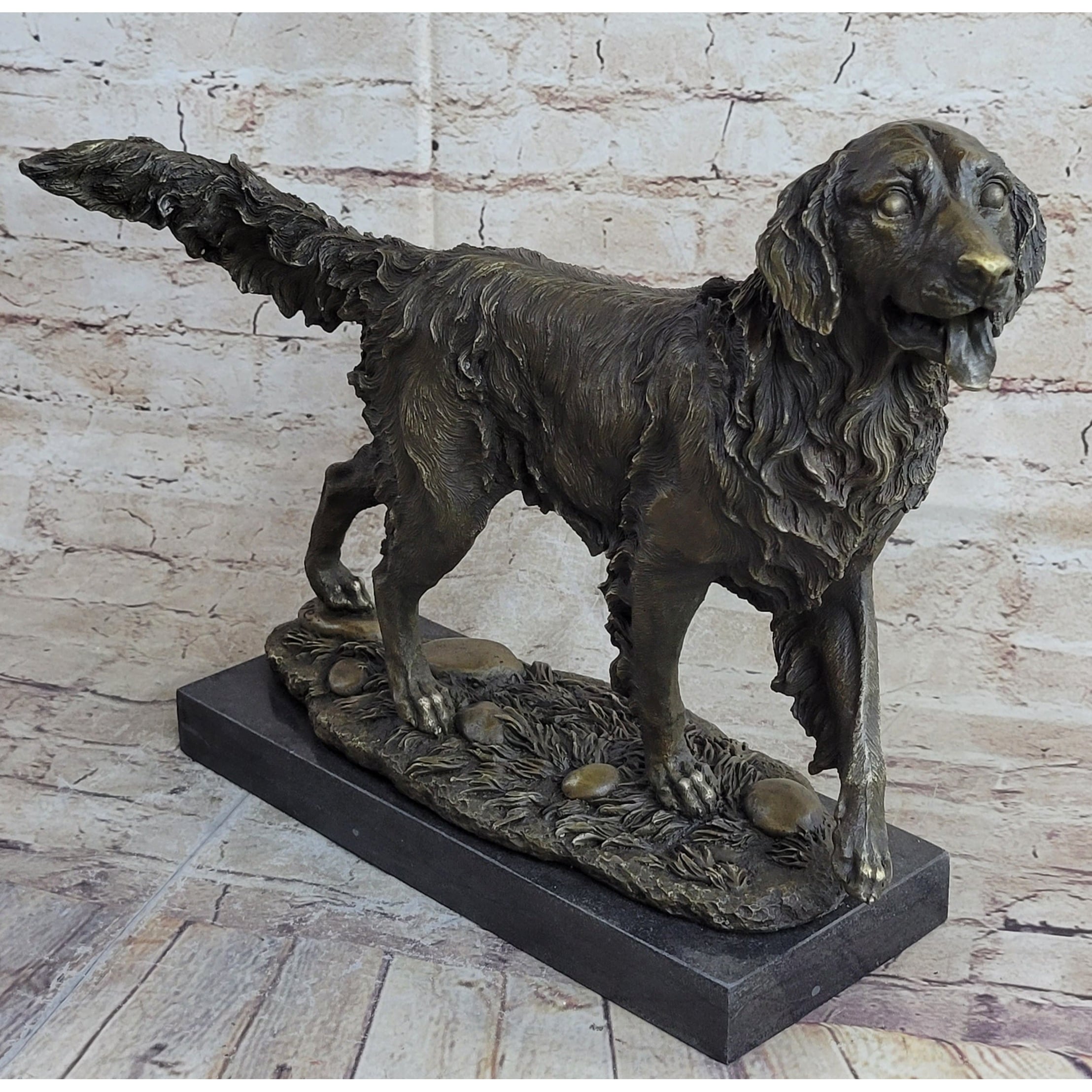 Golden Retriever Dog Bronze Statue Sculpture Figure On Marble Base Signed Art