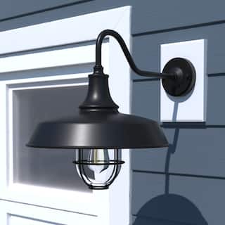 VAXCEL Dorado 16.75 in. H 1-Light Dark Bronze Dusk to Dawn Sensor Farmhouse Outdoor Wall Sconce, Gooseneck with Metal Cage Shade