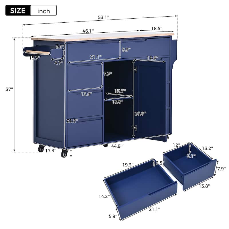 Rubber Wood Top Kitchen Island Cart w/ Flatware Organizer, Blue