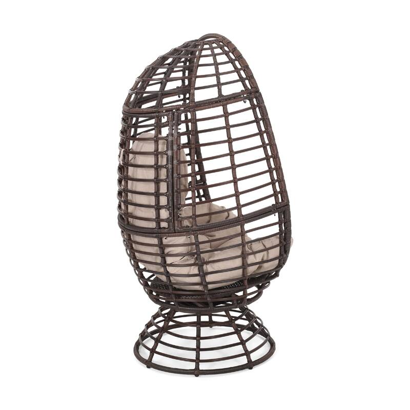 Swivel Outdoor Egg Chair, Brown PE Woven Rattan, Iron, Beige Polyester
