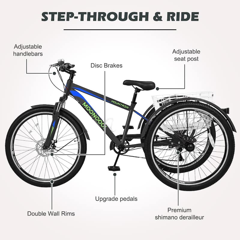 DoCred Mountain Tricycle 7 Speed 3 Wheel Bike with Basket