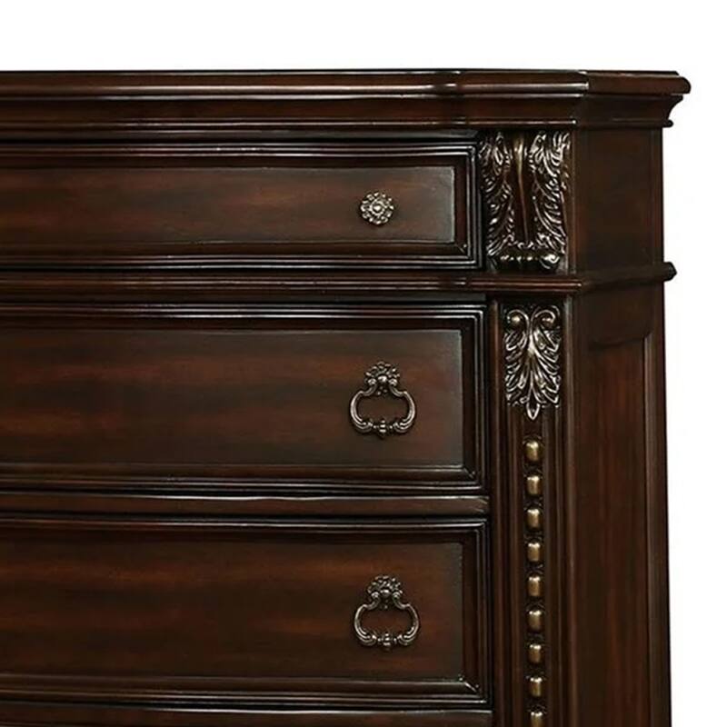 Kera Traditional Tall Dresser Chest, 6 Drawers, Sculpted Cherry Brown Wood