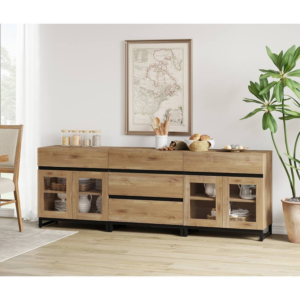 WAMPAT 3 in 1 Multifunctional Sideboard Buffet Cabinets with Glass Doors and 5 Drawers for Living Room, Kitchen