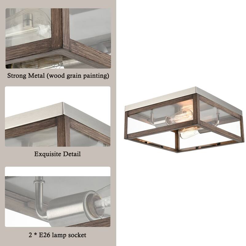 Halifax Rustic Farmhouse Flush Mount Ceiling Light Brush Nickel with Wood Grain Finish 2-Lights - Nickel & Wood Grain