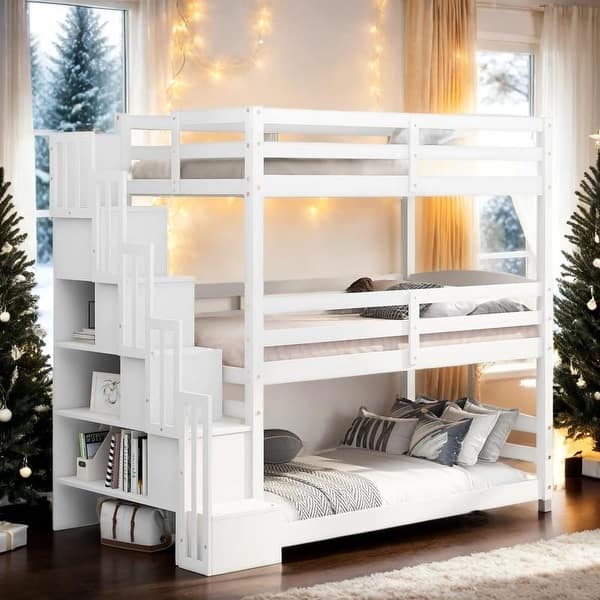 slide 2 of 11, Twin Size Triple Bunk Bed with Storage Staircase, Separate Design, White White