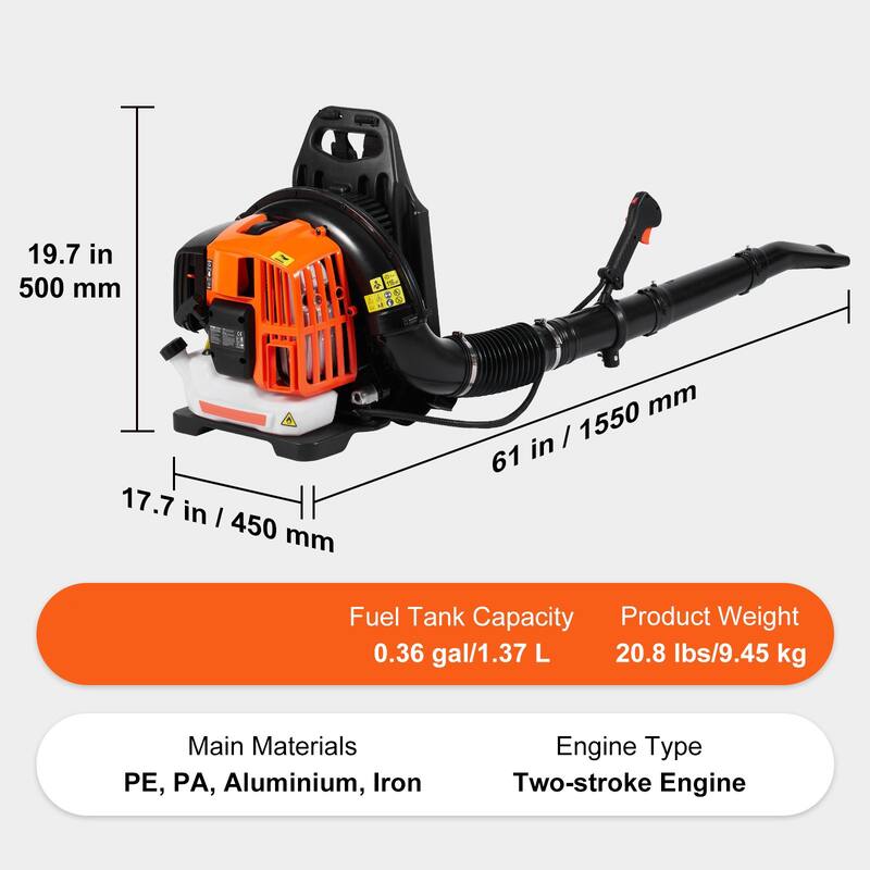 Orange Backpack Leaf Blower with Fuel Tank and Adjustable Padded Shoulder Straps