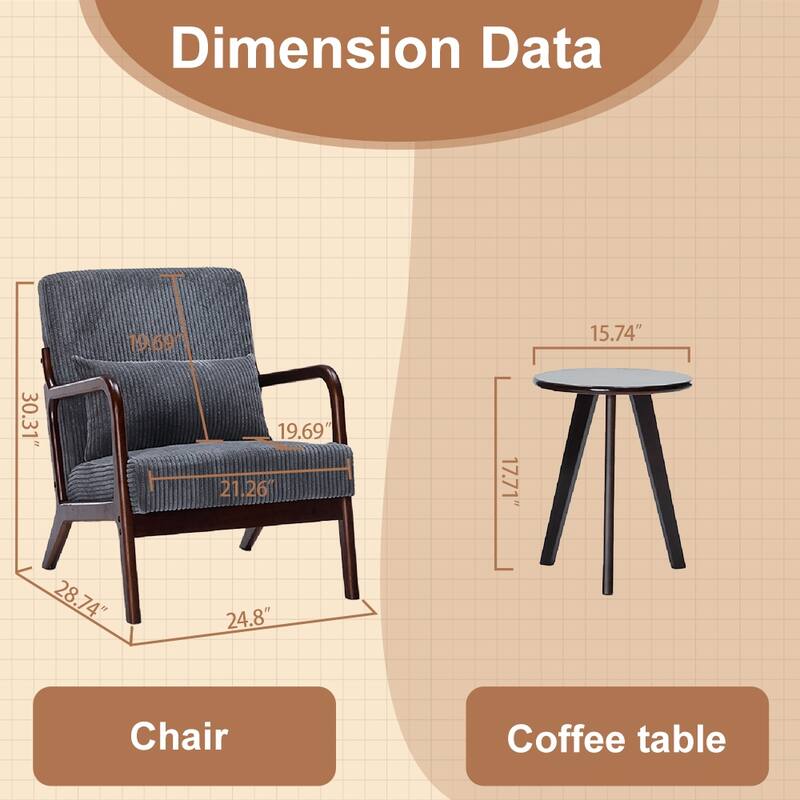 Anmytek Mid Century Modern Vintage Luxury Accent Chair and Coffee Table Set Leisure Living Room Bedroom Relaxation Furniture