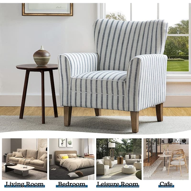 Warren Farmhouse Striped Wingback Chair with Solid Wood Legs by HULALA HOME