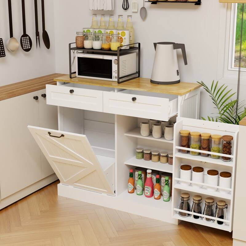 White Kitchen Trash Can Storage Cabinet with Drawers and Shelves