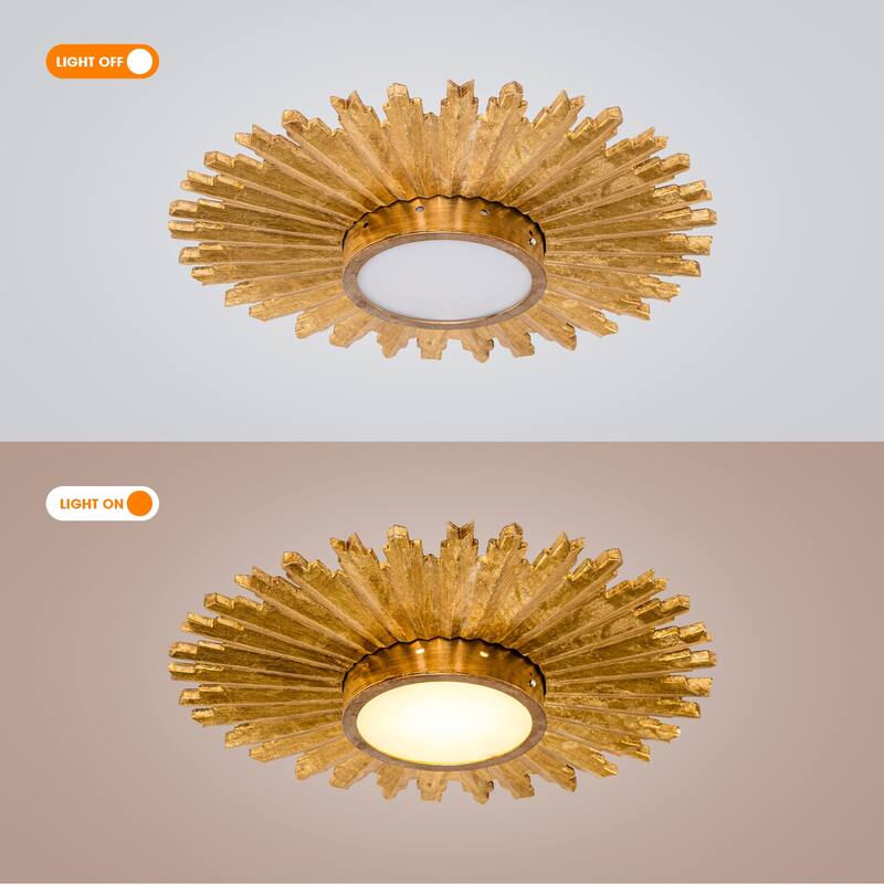 2-Light Gold Modern Handmade Wood Sunflower Shape Flush Mount Ceiling Light