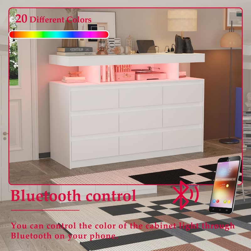 Modern 9-Drawer Dresser with RGB LED Lights and Built-in Power Strip - White Storage Chest