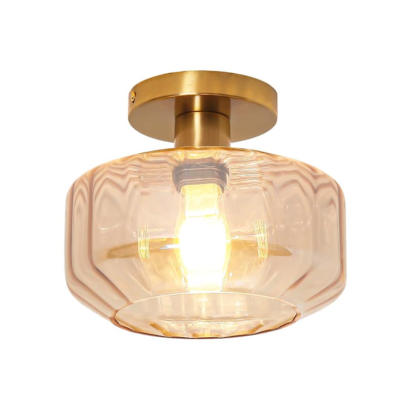 Vintage Amber Glass Semi Flush Mount Ceiling Light - D 8.7" x H 7"