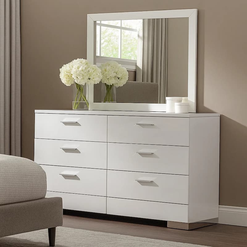 High Gloss Finish Wood and Metal Dresser with 6 Spacious Drawers,White