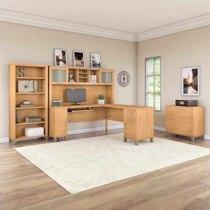 Somerset 72W L Shaped Desk with Hutch, Cabinet and Bookcase in Gray - Maple Cross
