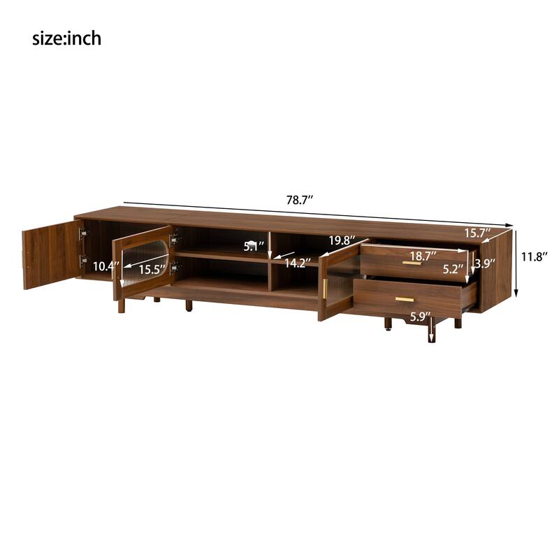 Anmytek Modern TV Stand Media Console with Fluted Glass Doors Beveled Edge Solid Wood Legs Large Screen Storage