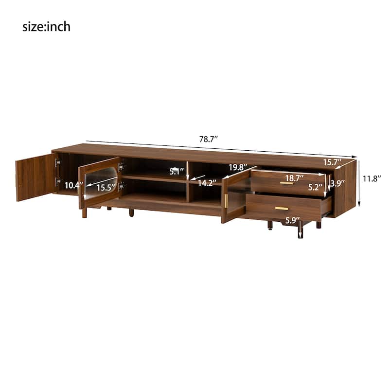 Roomfitters 78 Inch TV Stand for TVs up to 85 Inch, Media Console with Fluted Glass Doors, 2 Drawers & Solid Wood Legs, Walnut