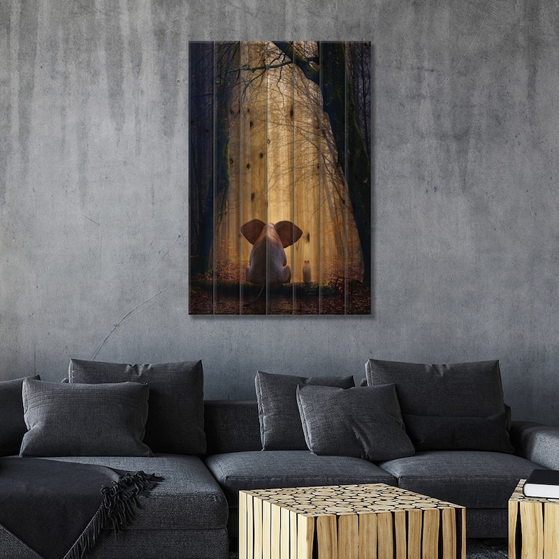 Elephant And Dog Sit In The Autumn Forest Print On Wood by Mike Kiev - Multi-Color