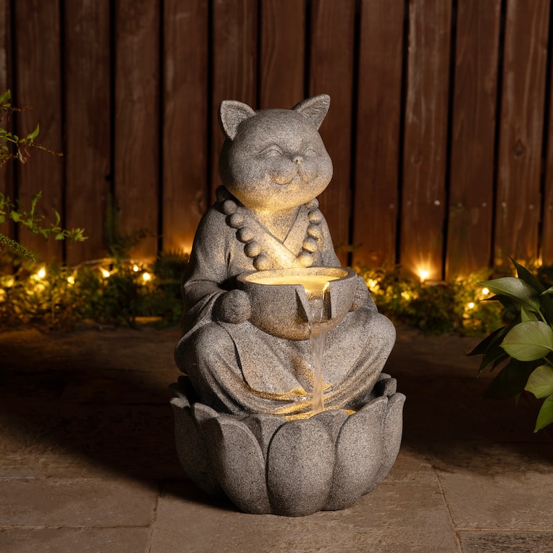 Glitzhome 21.75"H 2-Tiered Zen-Style Polyresin Cat Dog Statue Outdoor Fountain with LED Lights
