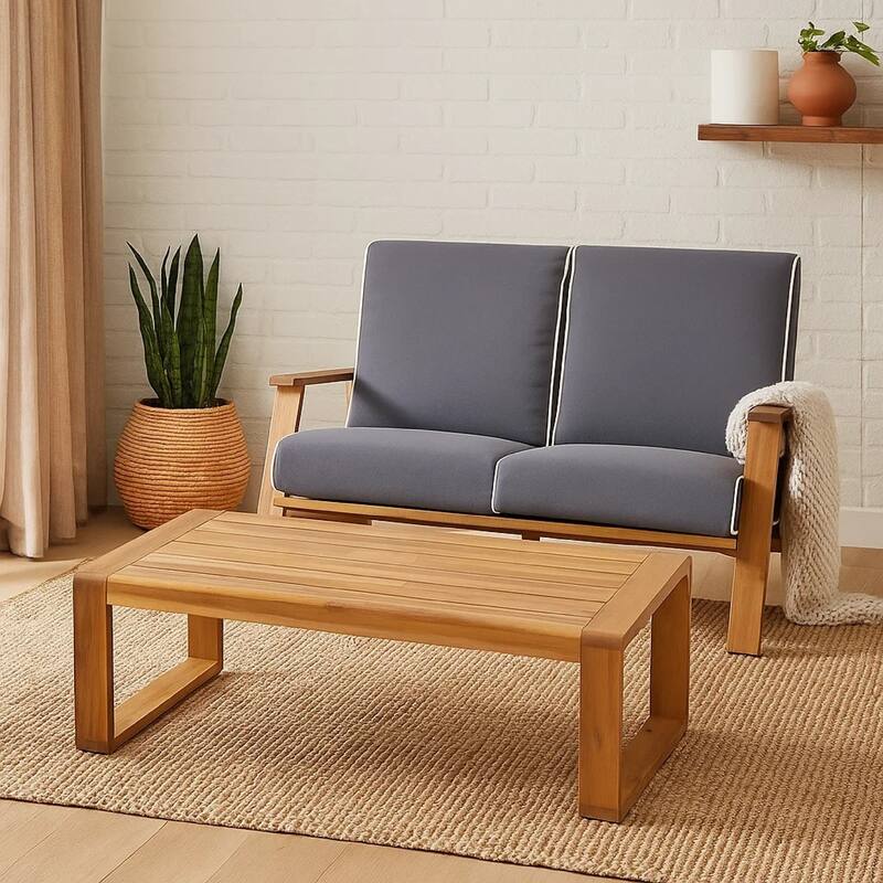 Eddy 2pc Patio Loveseat and Coffee Table Set, Brown Acacia Wood, Gray