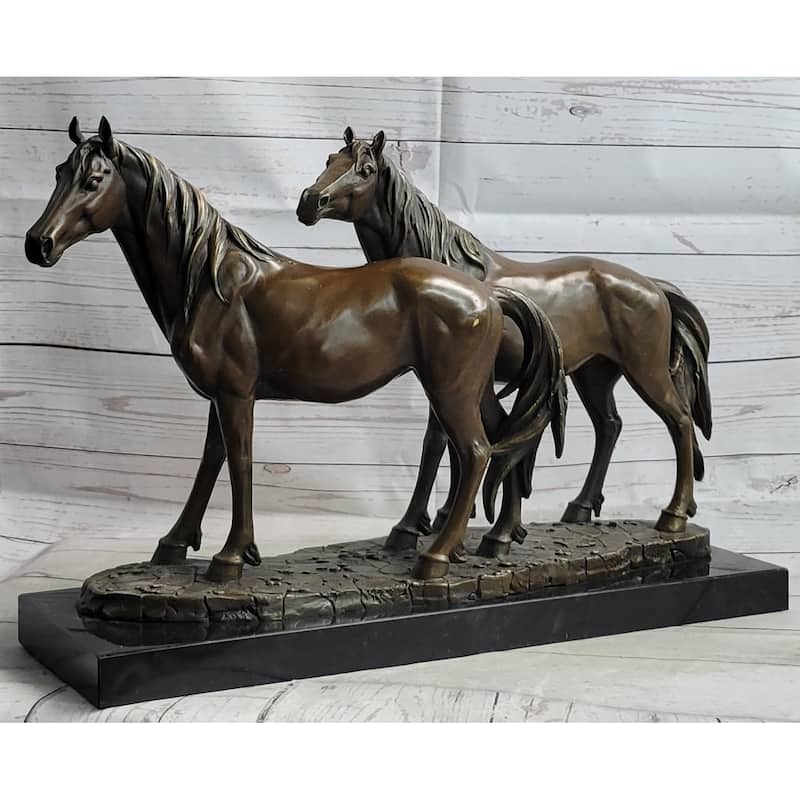 Two Horses Bronze Metal Statue Sculpture After Pj Mene On Marble Base