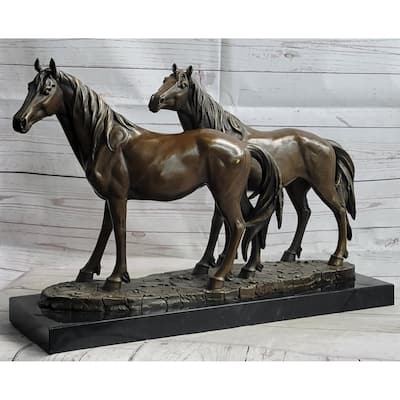 Two Horses Bronze Metal Statue Sculpture After Pj Mene On Marble Base