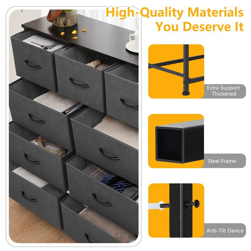 9-Drawer 11.8 in. Wide Chest of Drawers Fabric Storage Tower with Steel Frame, Wooden Top