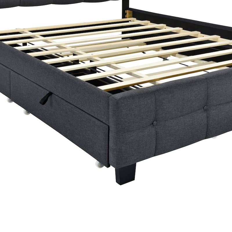 Queen Size Linen Fabric Upholstered Platform Bed with LED Frame, with Twin XL Size Trundle and 2 drawers