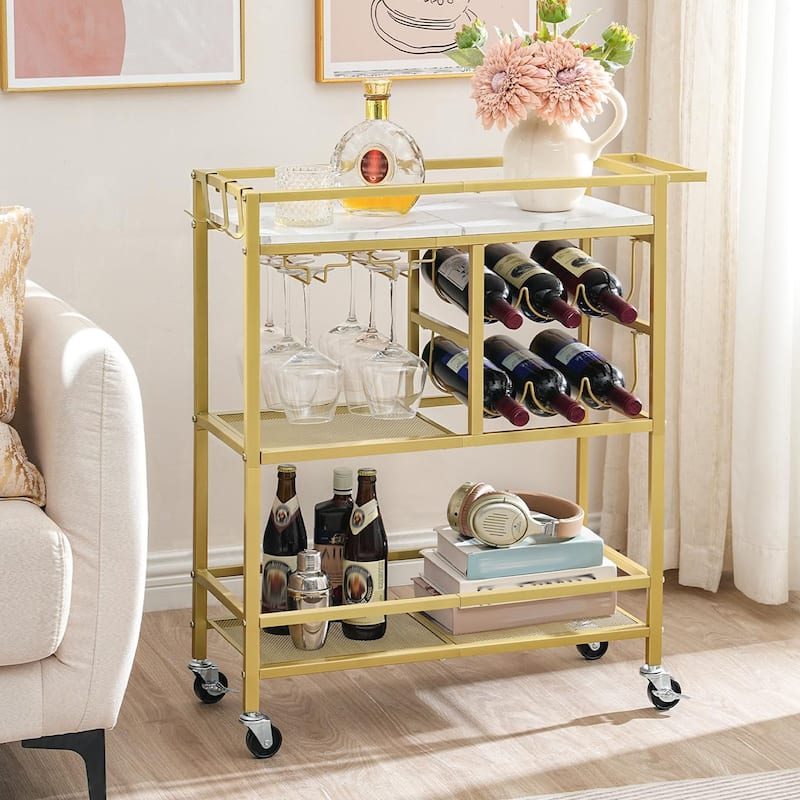 3-Tier Home Bar Serving Cart with Handle, Wine Rack, and Glass Holders