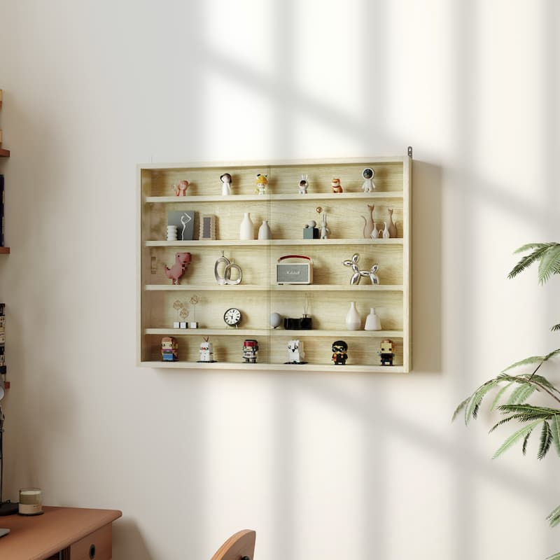 Particleboard Wall-Mounted Display Cabinet with Glass Doors - 31.5" W x 3.7" D x 23.6" H - Oak