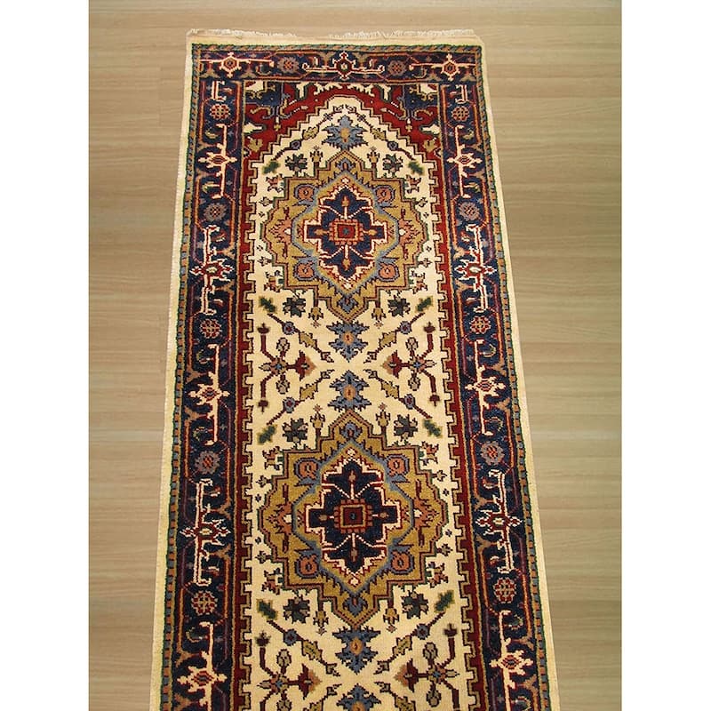 Ivory Hand Knotted Wool Traditional Serapi Rug, 2'6 x 8', Hand-Knotted with Durable Wool in Geometric Pattern - N/A