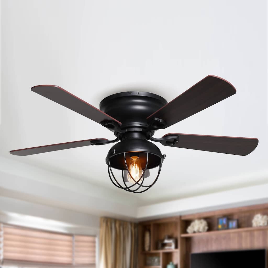42" Low Profile Black Cage Ceiling Fan with Light Kit and Remote Control - 42-in