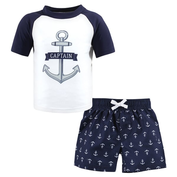 slide 1 of 1, Hudson Baby Boys Swim Rashguard Set, Navy Anchor Navy Anchor - 2T