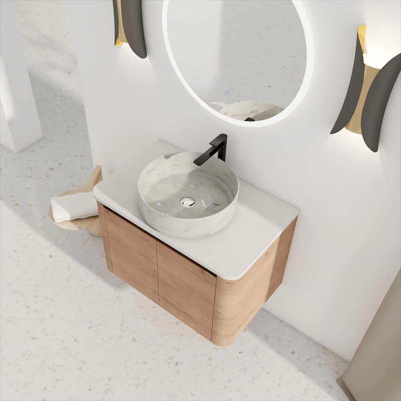 30'' Wall-Mounted Bathroom Vanity With Ceramic Art Sink & 2-Soft-Close Door, KD-Packing, Plywood - Beige