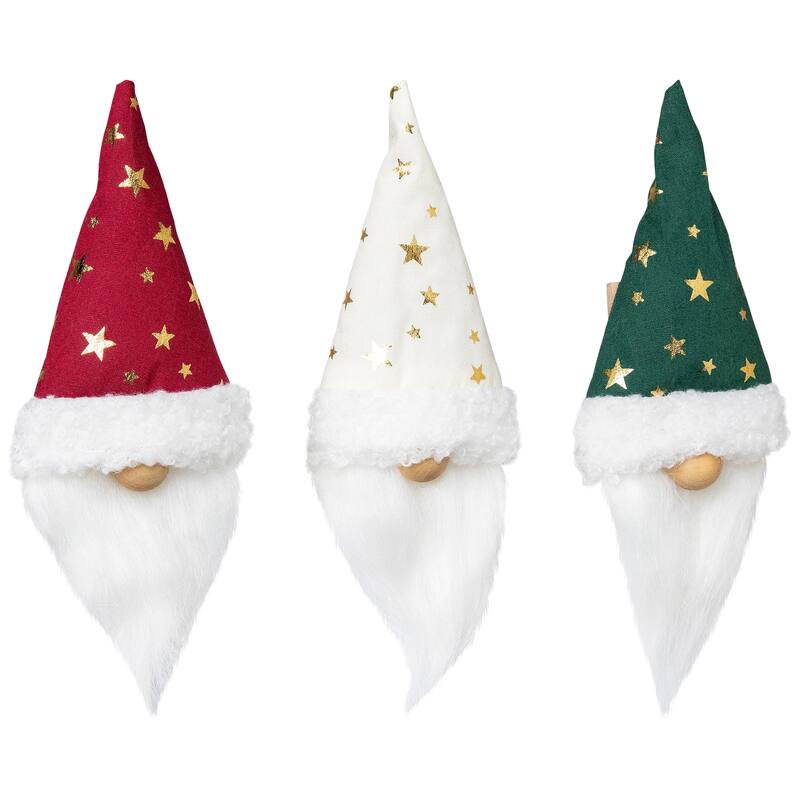 Santa Hat Gnome with Stars Clip-On Christmas Ornaments - 6" - Set of 3