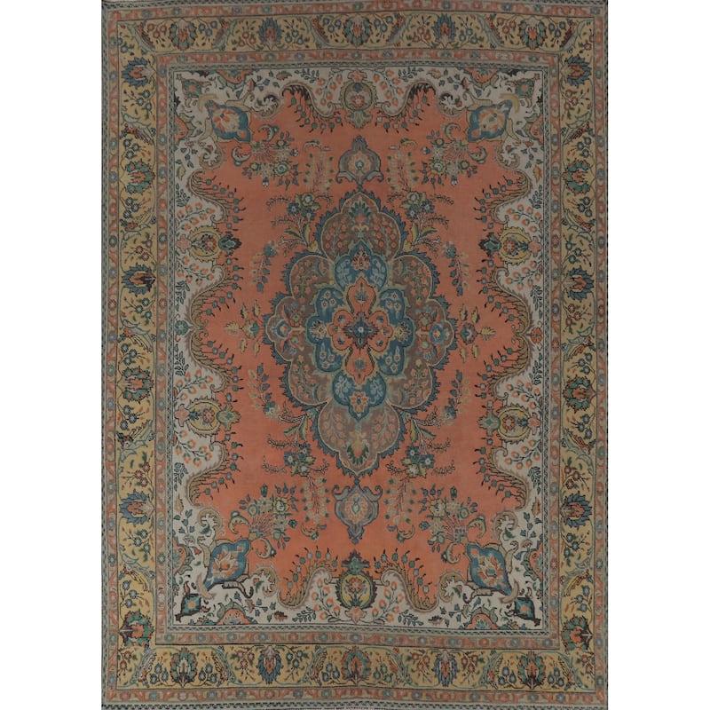 Hand Knotted Oriental 100% Wool Carpet Traditional Geometric Coral Tabriz Area Rug - 12' 7'' X 9' 7''