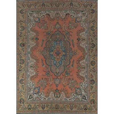 Hand Knotted Oriental 100% Wool Carpet Traditional Geometric Coral Tabriz Area Rug - 12' 7'' X 9' 7''