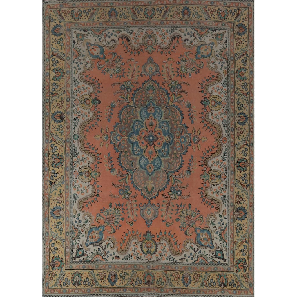 Hand Knotted Oriental 100% Wool Carpet Traditional Geometric Coral Tabriz Area Rug - 12' 7'' X 9' 7''