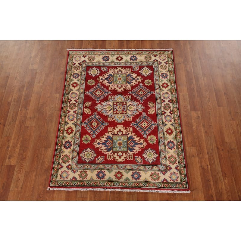 Red Geometric Kazak Oriental Accent Rug Handmade Wool Carpet - 3'6"x 4'9"