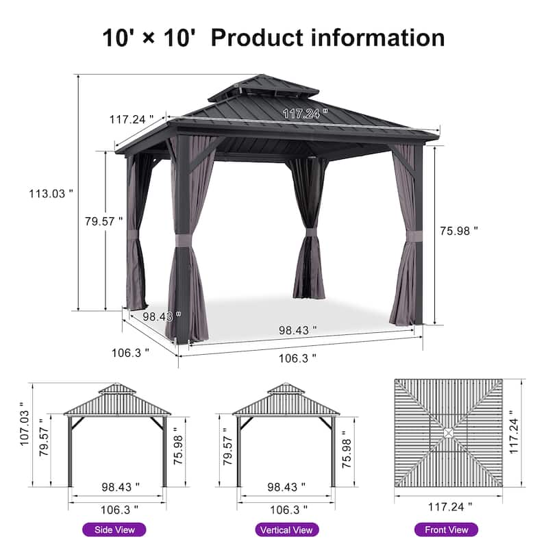 PURPLE LEAF Gazebo Outdoor Gazebo with Dual-Layer Galvanized Steel Double Roof Aluminum Gazebo with Netting and Curtains Grey