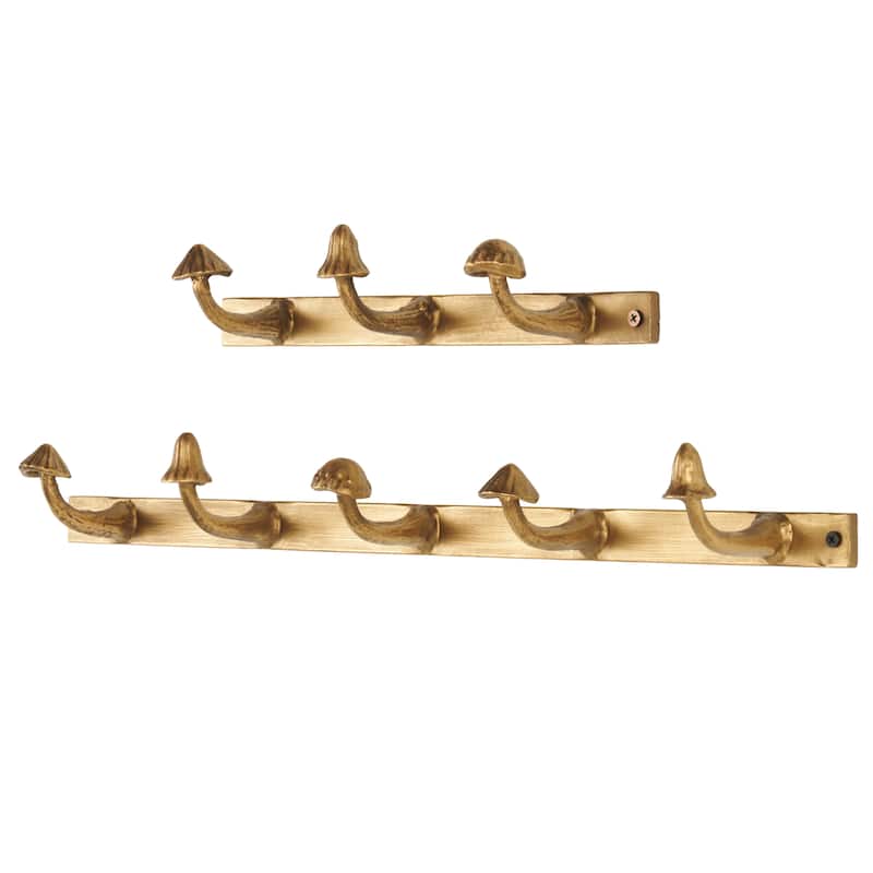 Metal Mushroom 8 Hanger Wall Hook - Set of 2 Gold - Roche River Decor - 3"W x 23"L x 2"H