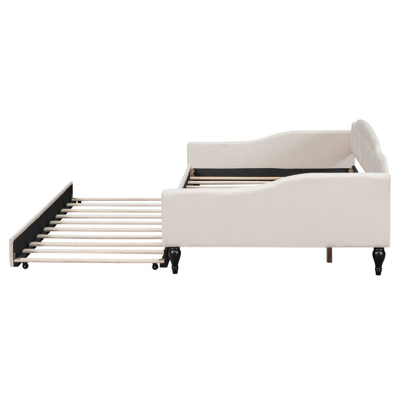 Full Minimalist Style Daybed Wood Structure Bedframe with Trundle, Curve Design Soft Backrest Wood Slat Support, Beige+Trundle