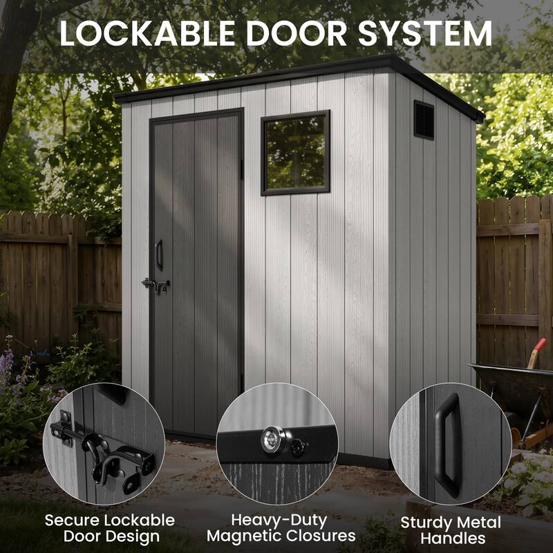 All-Weather Outdoor Storage Shed Waterproof Resin Garden Shed with Floor, Lockable Doors, Skylight for Lawn Tools & Bikes