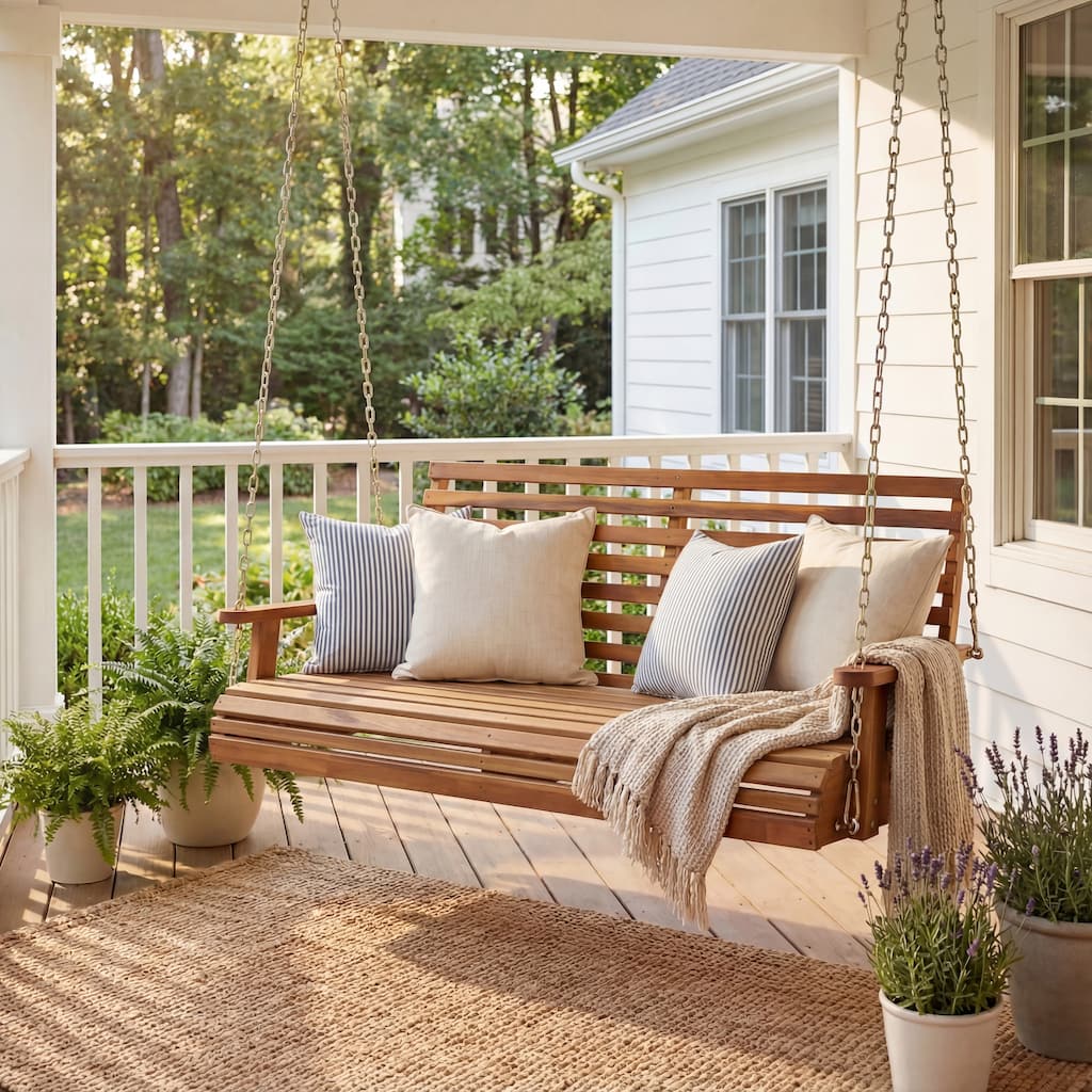 JONATHAN Y Natura Coastal Farmhouse 2-Seat Slate-Back 705-Lbs Support Acacia Wood Outdoor Porch Swing