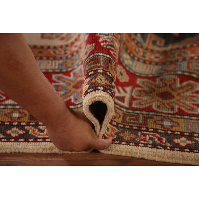 Geometric Kazak Oriental Area Rug Handmade Yellow Wool Carpet - 6'10" x 10'7"