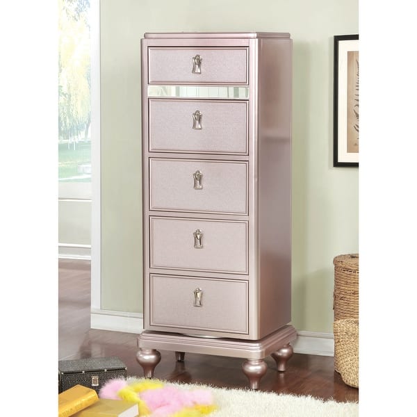 slide 2 of 6, Dzhebel I Transitional Solid Wood 5-Drawer Swivel Chest by Copper Grove Rose Gold