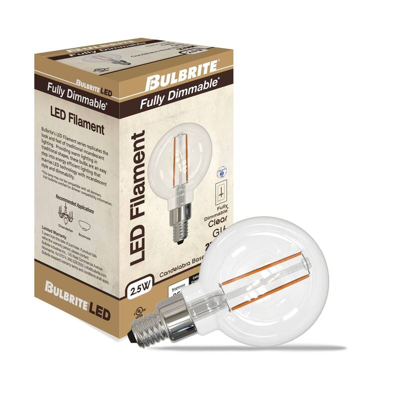 Bulbrite Pack of (4) Dimmable Filament G16 Candelabra (E12) LED Bulb - 2.5 Watt - Clear