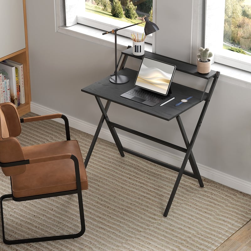 Folding Desk with Monitor Shelf Compact Space Saving Workstation Sturdy Steel Frame Easy Assembly