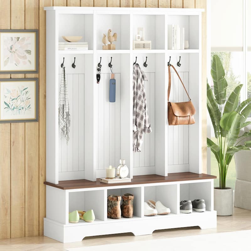 Farmhouse 59" Wide Hall Tree with 8 Hooks - Modern 3-in-1 Entryway Bench