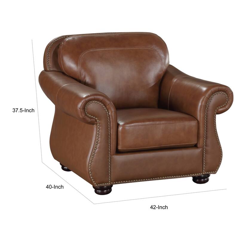 Boro 40 Inch Accent Chair, Brown Top Grain and Faux Leather, Solid Wood