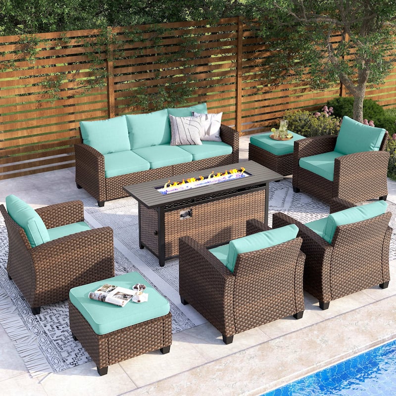 7/9-Seat Patio Furniture Wicker Rattan Outdoor High-back Sectional Sofa Conversation Set with Firepit Table - 9 Seats + 56" Fire Pit - Lake Blue